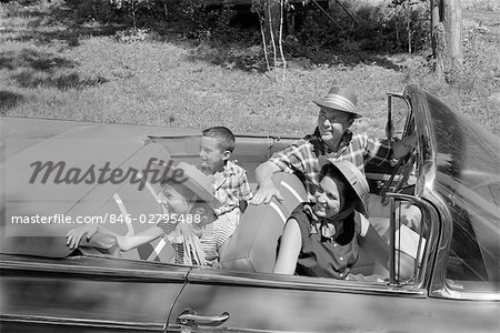 1960s FAMILY OF FOUR IN CONVERTIBLE LOOKING TOWARDS LEFT