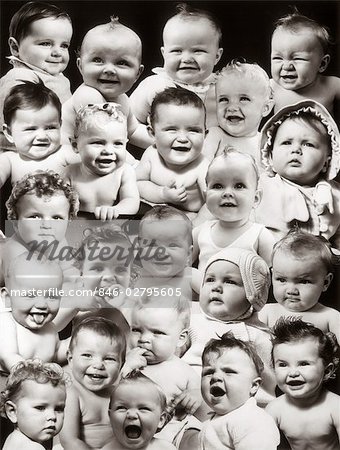 1940s COLLAGE-STYLE MONTAGE OF BABY HEADS WITH VARIOUS EXPRESSIONS
