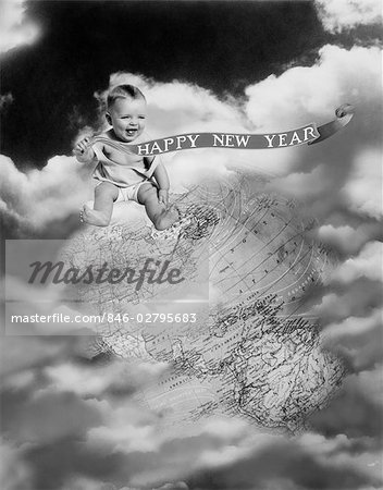 1930s MONTAGE BABY SITTING ON TOP OF THE WORLD EARTH GLOBE IN CLOUDS HOLDING HAPPY NEW YEAR BANNER