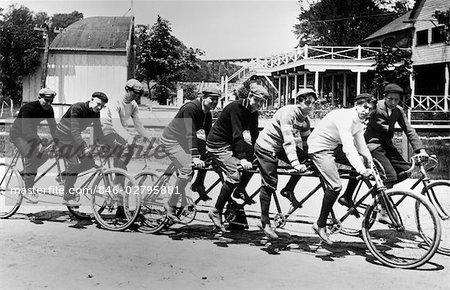 1890s 1900s TURN OF THE CENTURY LARGE GROUP OF MEN ON TANDEM & QUADRICYCLE BICYCLES