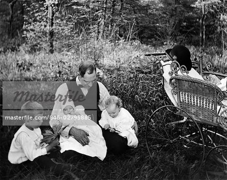 1890s 1900s TURN OF THE CENTURY FATHER SITTING IN WOODS WITH THREE CHILDREN BABY CARRIAGE OFF TO SIDE