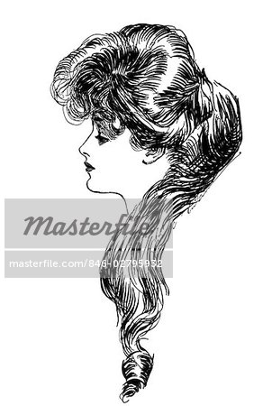 1890s 1900s PROFILE OF SKETCH OF TURN OF THE CENTURY WOMAN WITH HAIR CURLING & CASCADING OVER SHOULDER