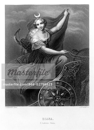DIANA IN HER CHARIOT ROMAN GODDESS OF THE MOON FORESTS ANIMALS ENGRAVING BY PAYNE AFTER PAINTING BY CORREGGIO