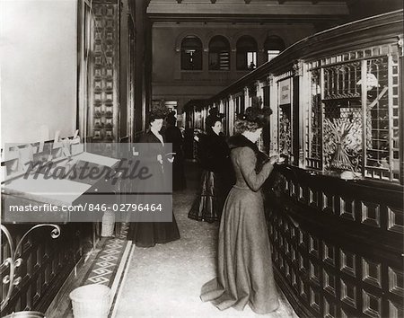 1890s 1900s TURN OF CENTURY BANK INTERIOR WOMEN BANKING SPECIAL TELLERS