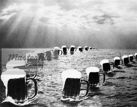 COMPOSITE PHOTOGRAPH MUGS OF BEER ON OCEAN AS SEEN IN BALLY HOO MAGAZINE CELEBRATING THE END OF PROHIBITION ON DECEMBER 5 1933