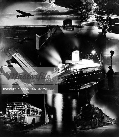 1930s MONTAGE OF TRANSPORTATION IMAGES AIRPLANE RAILROAD TRAIN BUS TRUCK AUTOMOBILE OCEAN LINER