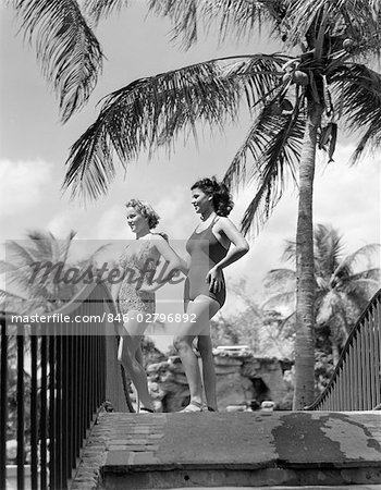 1930s 1940s 2 WOMEN POSING BATHING SUIT SUITS PALM TREE TREES PALMS TROPICS TROPICAL
