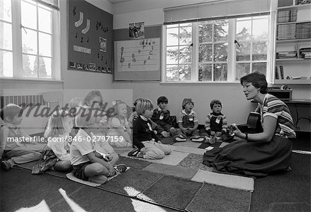 1980s GRADE SCHOOL TEACHER SITTING ON FLOOR WITH STUDENTS PLAYING GUITAR & SINGING