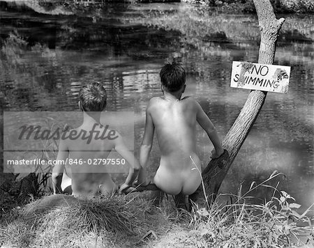 1930s TWO BOYS NEAR LAKE UNDER NO SWIMMING SIGN READY TO GO SKINNY DIPPING