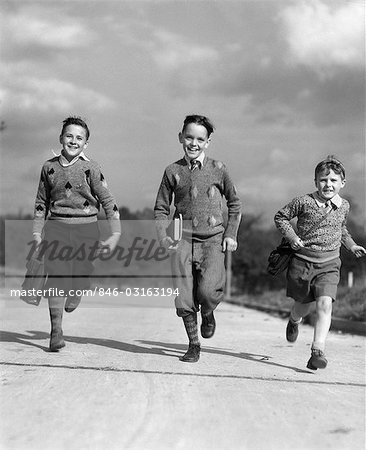 1930s THREE BOYS RUNNING CARRYING SCHOOL BOOKS