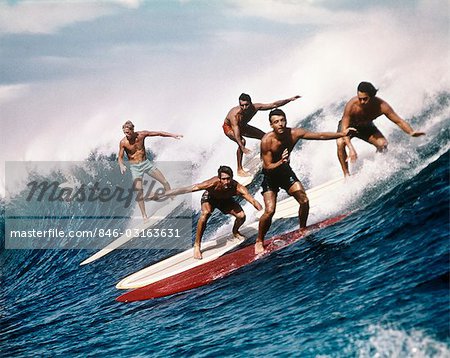 1960s 1970s FIVE MEN SURFING