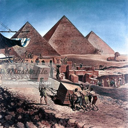 PYRAMIDS OF EGYPT SEVEN WONDERS ANCIENT WORLD SLAVES WORKERS MOVING LARGE STONE UP RAMP