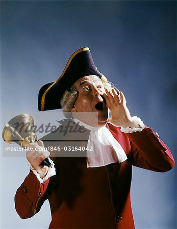 MAN COLONIAL TOWN CRIER 18th CENTURY COSTUME SHOUTING NEWS RINGING BELL