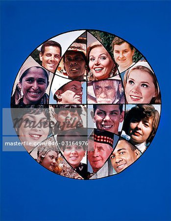 1970s MONTAGE OF ETHNIC FACE IN WORLD GLOBE 1970s MONTAGE OF ETHNIC FACE IN WORLD GLOBE
