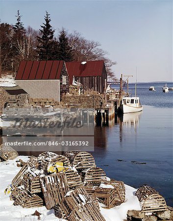 1970s WINTER SCENIC LOBSTER TRAPS WITH SNOW IN BACK COVER NEW HARBOR MAINE
