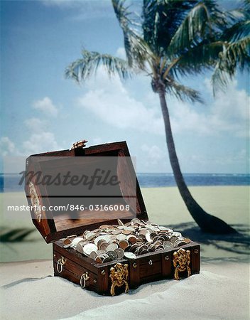 1960s PIRATE TREASURE CHEST FULL COINS ON TROPICAL BEACH