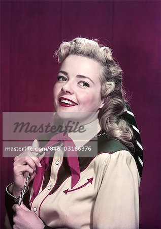 1940s 1950s PORTRAIT SMILING WOMAN WEARING WESTERN COWGIRL OUTFIT NECKERCHIEF HAT