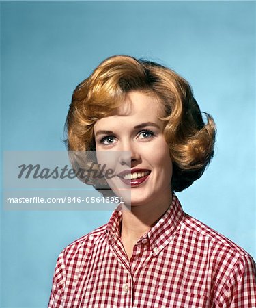 1960s PORTRAIT SMILING BLOND WOMAN WEARING A RED WHITE CHECKED BLOUSE