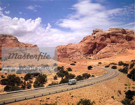 1970s HIGHWAY US 89 NEAR BITTER SPRINGS AZ PICKUP TRUCK CAMPER ON ROAD SOUTHWEST RECREATIONAL VEHICLE