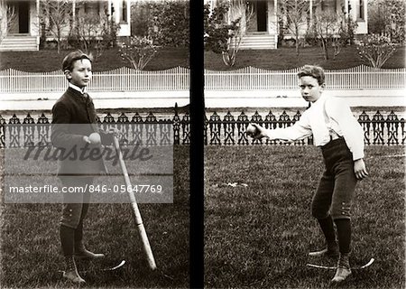 1890s - 1900s TWO IMAGES OF BOY IN KNICKERS HOLDING BASEBALL BAT AND PITCHING BALL