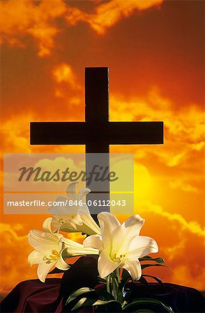 CROSS WITH LILIES AND YELLOW SUNRISE