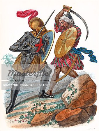 MEDIEVAL CHRISTIAN KNIGHT FIGHTING A MUSLIM ARAB SOLDIER WITH SWORDS TWO CRUSADES WARRIORS