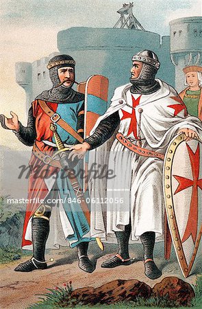 TWO KNIGHTS OF MALTA WEARING ARMOUR FROM DAYS OF THE MEDIEVAL CRUSADES RED MALTESE CROSS OF HOSPITALERS