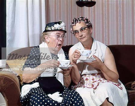 1950s Two Elderly Drinking Tea Gossiping Hair In Curlers Stock Photo Masterfile Rights Managed Artist Classicstock Code 846