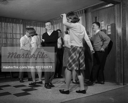 1960s GROUP OF YOUNG TEENAGERS DANCING INSIDE