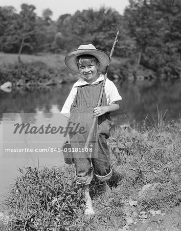 1920s 1930s BAREFOOT BOY CARRYING STICK FISHING ROD CAN OF BAIT