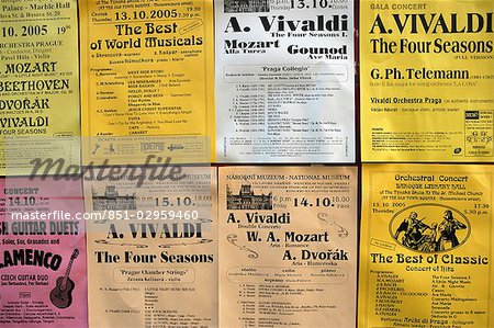 Posters advertising concerts around Prague,Czech Republic