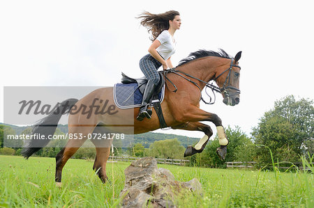 Teenage girl jumping with a Mecklenburger horse on a paddock