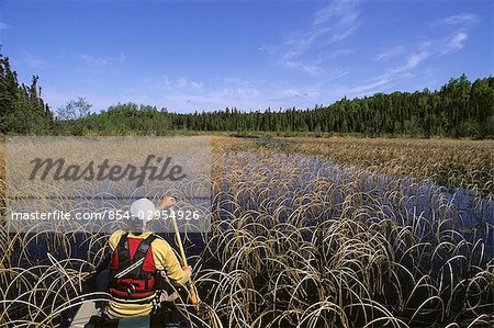 Adult woman paddles through a water portage off of Swan Lake Canoe Trails in Kenai National Wildlife Refuge Kenai Peninsula Alaska