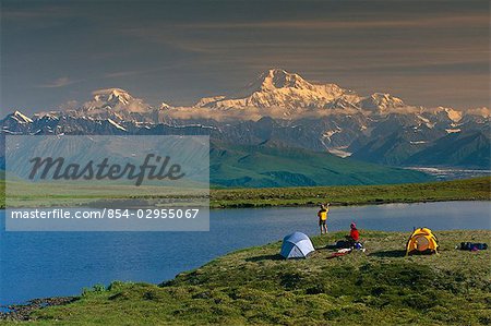 Hikers @ Camp near Tundra Pond Denali SP SC AK Summer/nw/Mt McKinley background