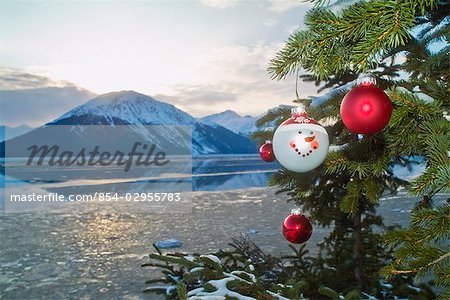 Close up of Christmas ornament on a Spruce with Turnagain Arm in the background in Southcentral, Alaska