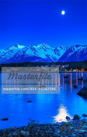 View of moonrise over Haines from Portage Cove, Southeast Alaska, Summer