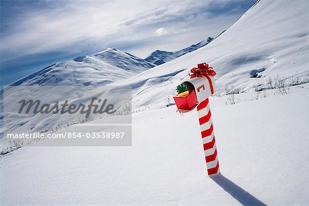 White mailbox decorated for Christmas standing in the snow Winter Hatcher Pass Southcentral Alaska