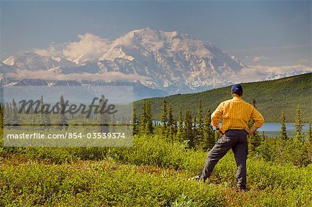 Male tourist views Mt.McKinley & Alaska Range near Wonder Lake Denali National Park Alaska Summer