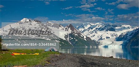 Camping on the shores of Harriman Fjord with a panoramic view of Surprise Glacier, Chugach National Forest, Prince William Sound, Southcentral Alaska, Summer