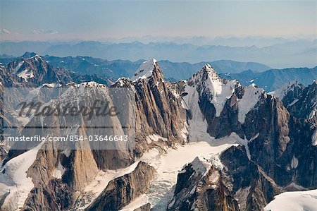 Aerial view of Moose's Tooth and the Alaska Range on a sunny day in Denali National Park and Preserve, Interior Alaska, Summer