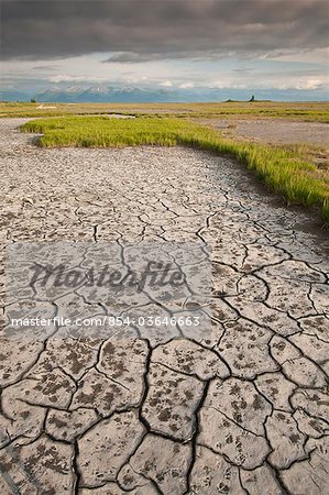 View of dried and cracked tidal muds at low tide near Campbell Creek in the Anchorage Coastal Wildlife Refuge, Anchorage, Southcentral Alaska, Summer/n