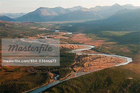 Aerial view of the North Fork of the Koyukuk River winding through Endicott Mountains and the Brooks Range in Gates of the Arctic National Park & Preserve, Arctic Alaska, Fall