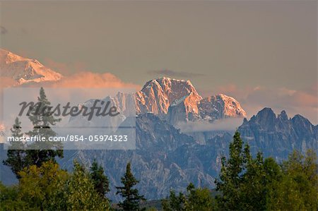 Sunrise alpenglow lights up the Moose's Tooth, as seen from the Veterans Memorial in Denali State Park, Alaska, Summer