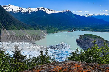 Scenic view overlooking Mendenhall Glacier and Mendenhall Lake from West Glacier Trail, Juneau, Southeast Alaska, Summer