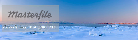 Panorama Winter Scenic Of Mount Susitna And The Snow Covered Tidal Flats Of Knik Arm At Sunset, Tony Knowles Coastal Trail, Anchorage, Southcental Alaska, Usa.