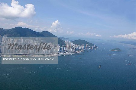 Aerial view over Hong Kong West & Victoria Harbour,Hong Kong