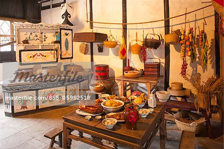 Exhibit of ancient kitchen at Sanbaiyuan, Fengjing, Shanghai, China