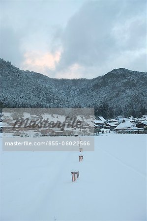 Snow lantern festival with traditional folk houses covered with snow, Miyama-cho, Kyoto Prefecture, Japan
