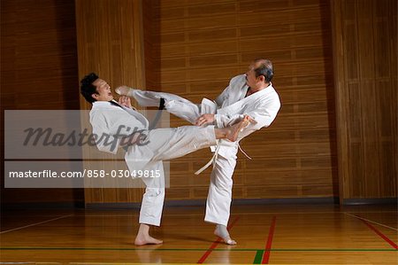 Two karate fighters kicking simultaneously
