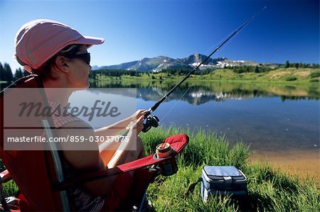 Woman fishing by lake